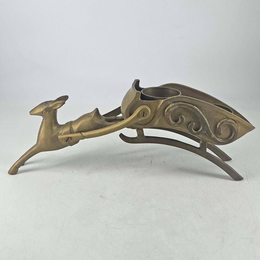Vintage solid brass reindeer sleigh votive or tealight candle holder